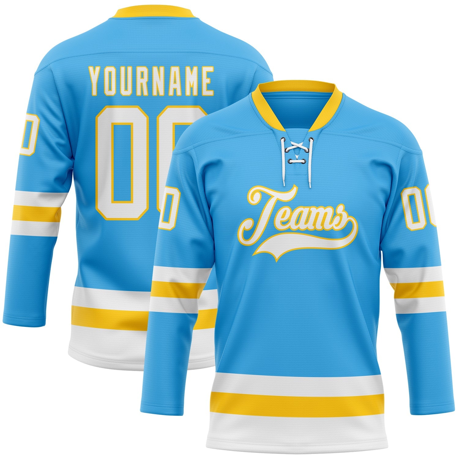 Custom Sky Blue White-Yellow Hockey Lace Neck Jersey - Main View