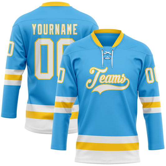 Custom Sky Blue White-Yellow Hockey Lace Neck Jersey - Main View