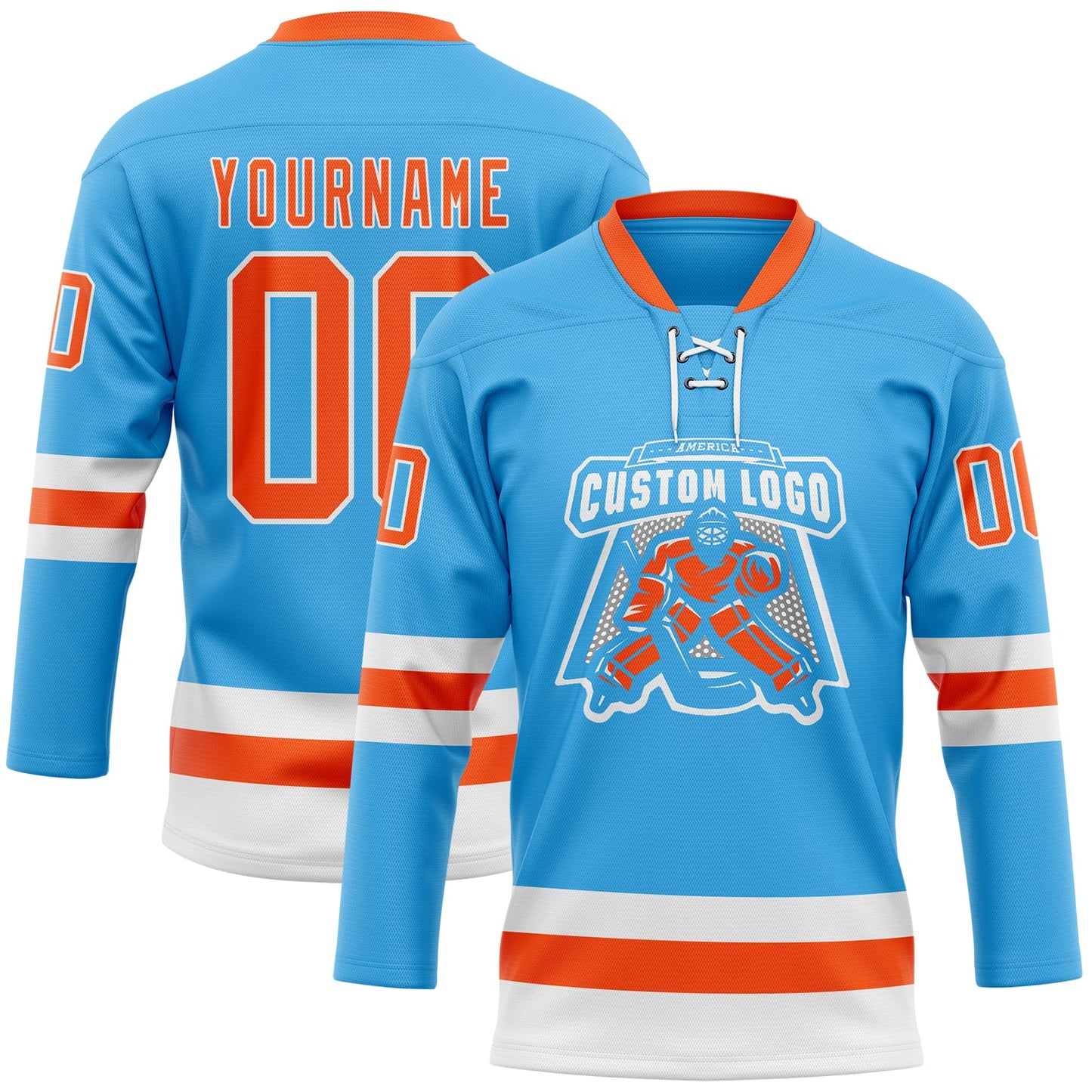 Custom Sky Blue Orange-White Hockey Lace Neck Jersey view 2
