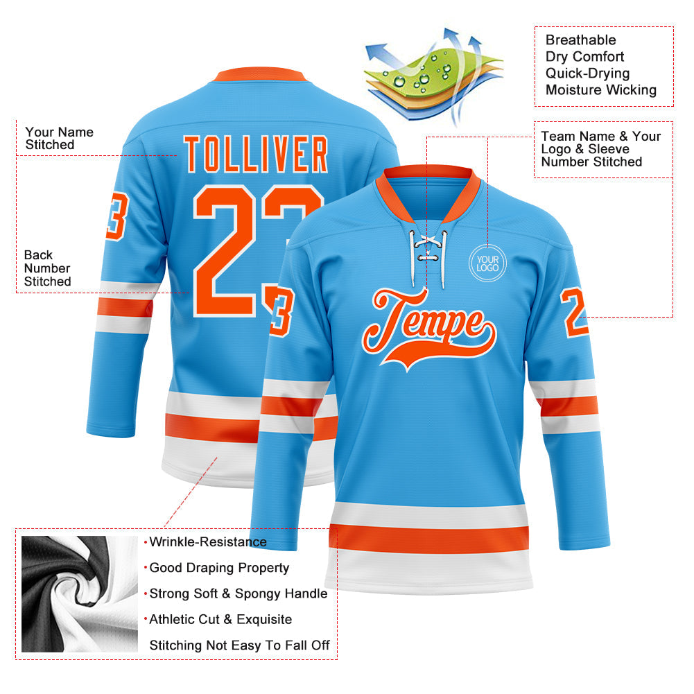 Custom Sky Blue Orange-White Hockey Lace Neck Jersey view 3