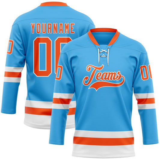 Custom Sky Blue Orange-White Hockey Lace Neck Jersey - Main View