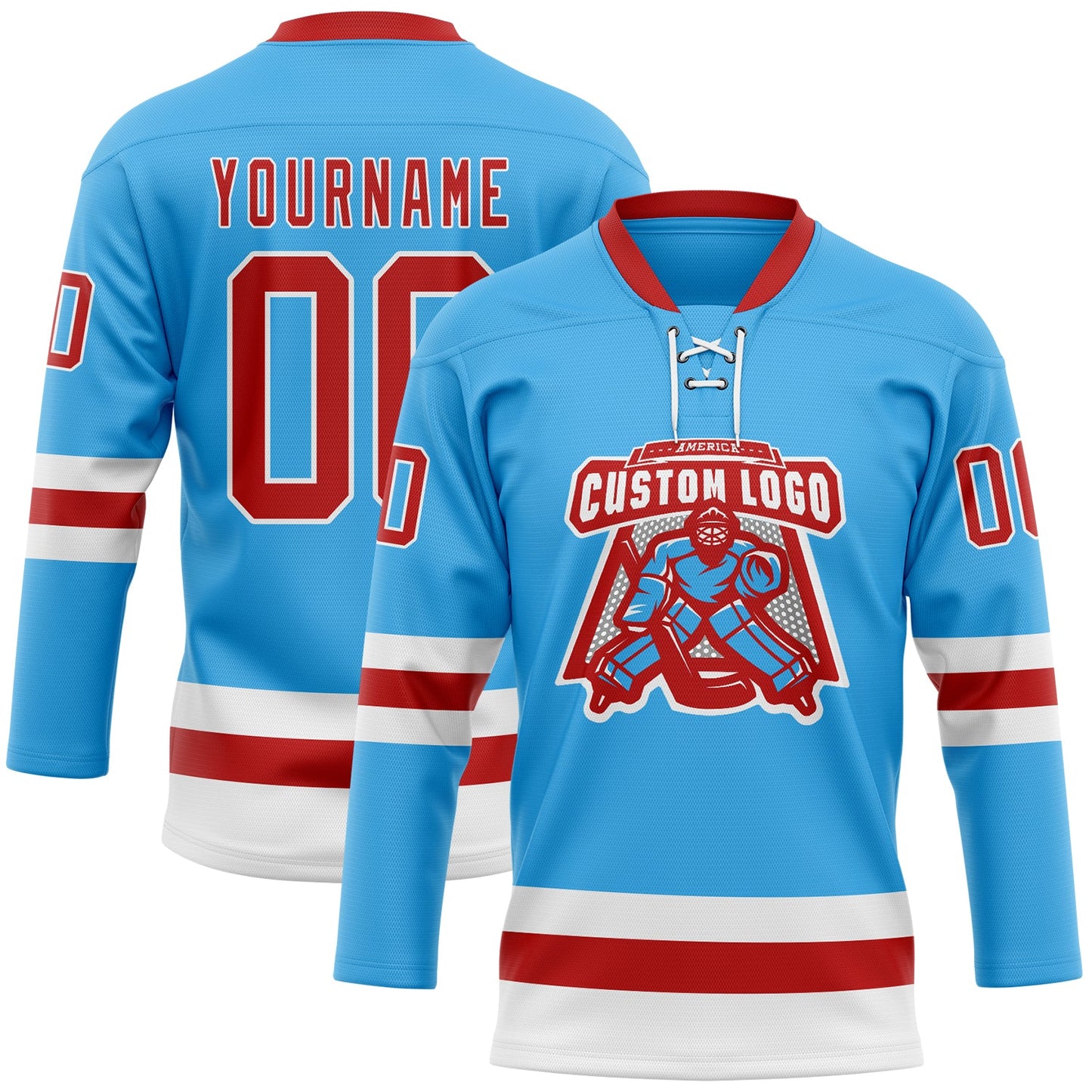 Custom Sky Blue Red-White Hockey Lace Neck Jersey view 2