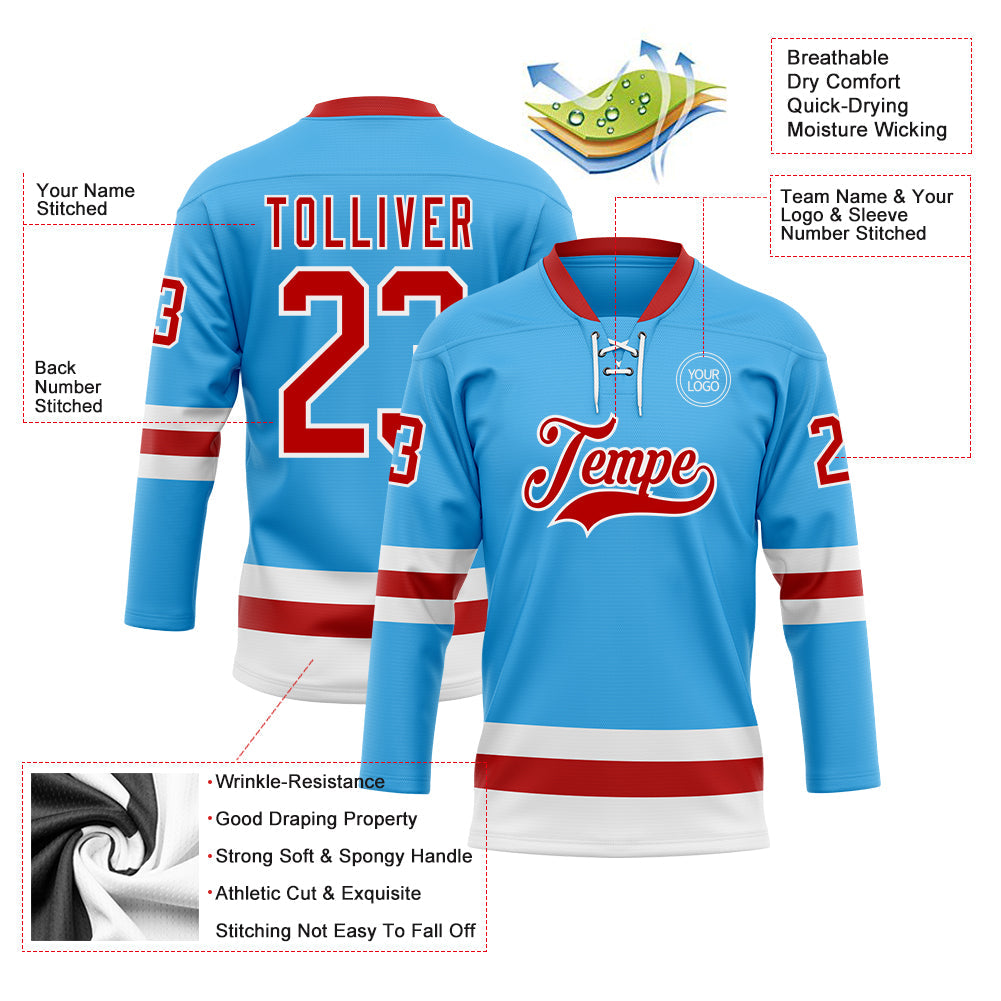Custom Sky Blue Red-White Hockey Lace Neck Jersey view 3