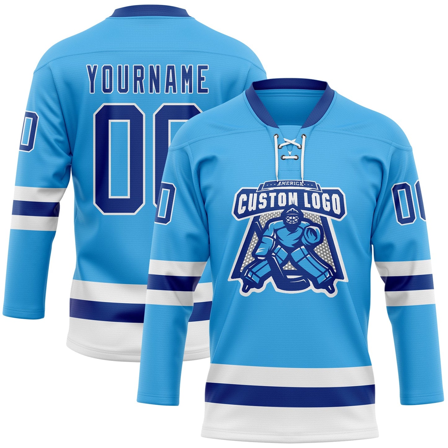 Custom Sky Blue Royal-White Hockey Lace Neck Jersey view 2
