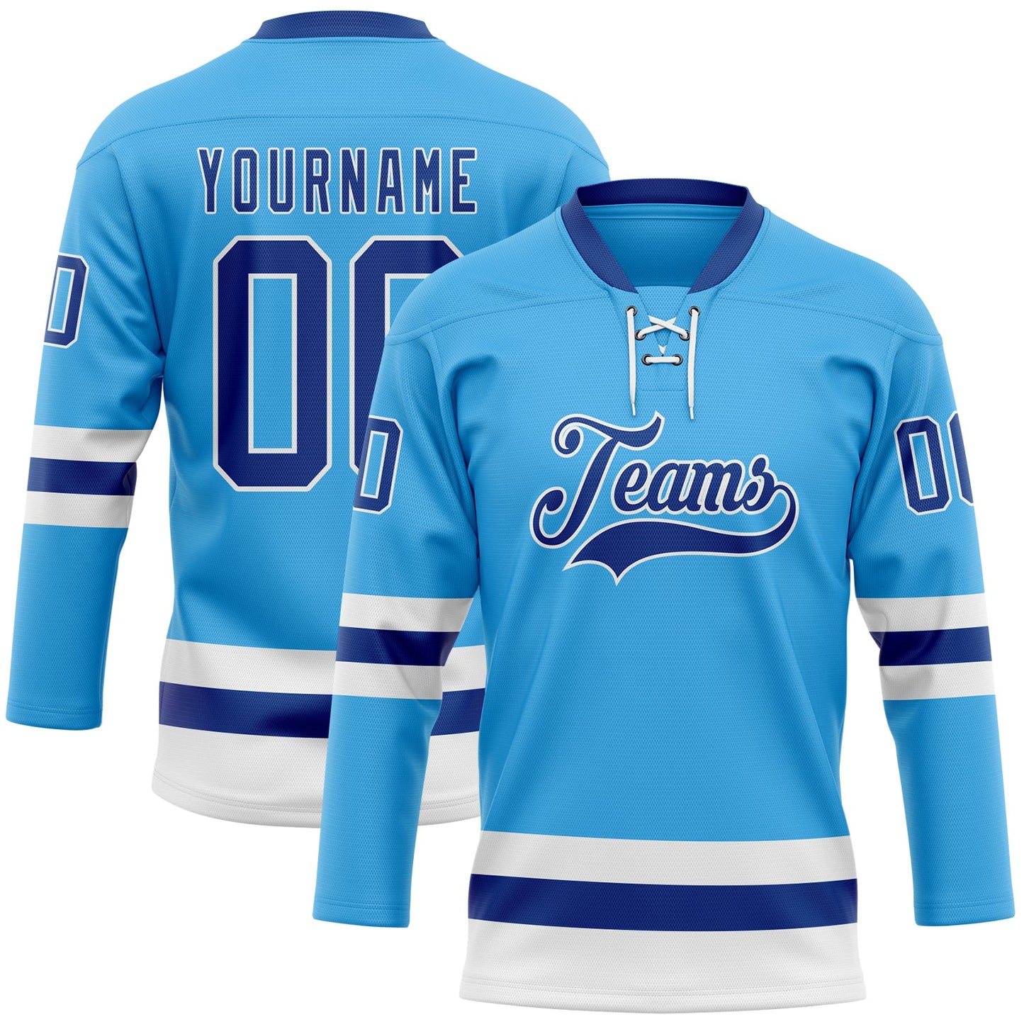 Custom Sky Blue Royal-White Hockey Lace Neck Jersey - Main View