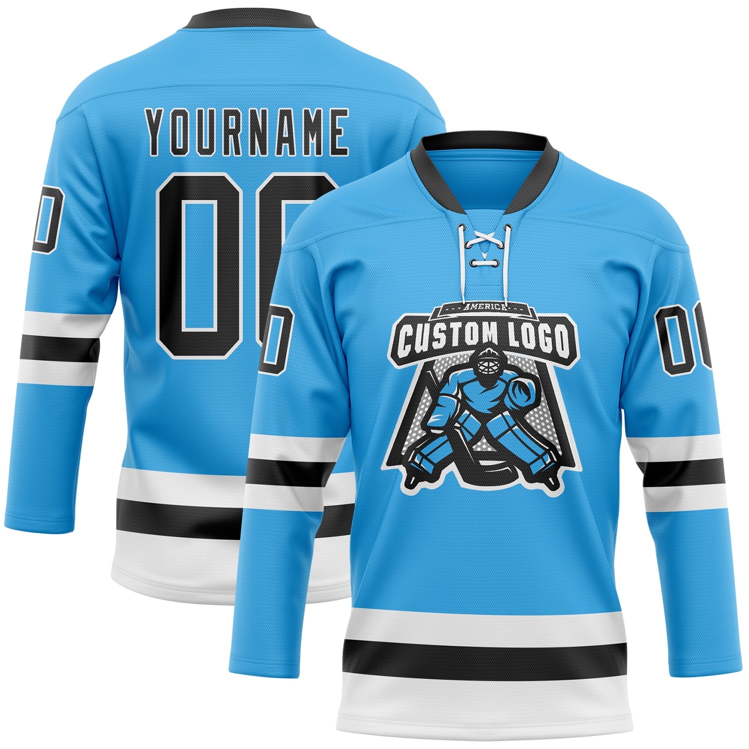 Custom Sky Blue Black-White Hockey Lace Neck Jersey view 2