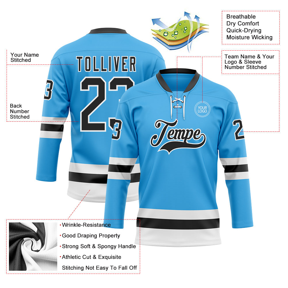 Custom Sky Blue Black-White Hockey Lace Neck Jersey view 3