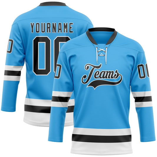 Custom Sky Blue Black-White Hockey Lace Neck Jersey - Main View