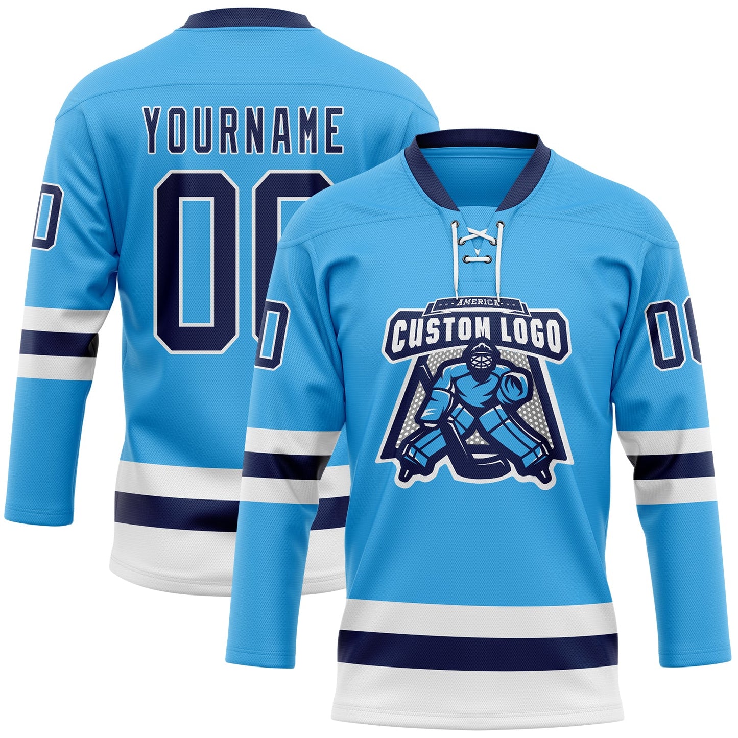 Custom Sky Blue Navy-White Hockey Lace Neck Jersey view 2