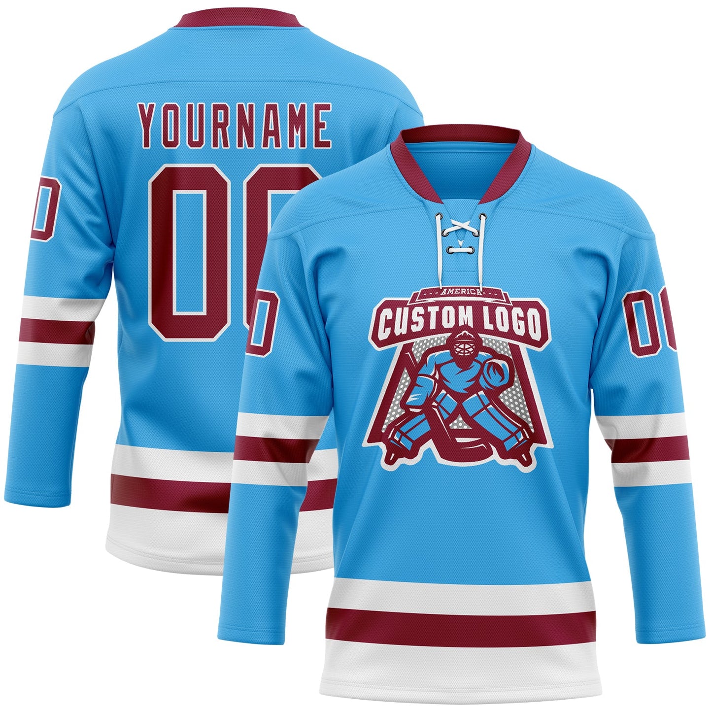 Custom Sky Blue Maroon-White Hockey Lace Neck Jersey view 2