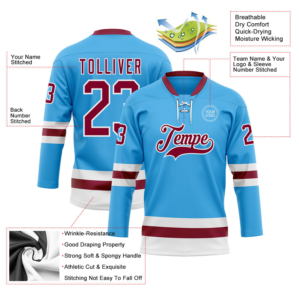 Custom Sky Blue Maroon-White Hockey Lace Neck Jersey view 3