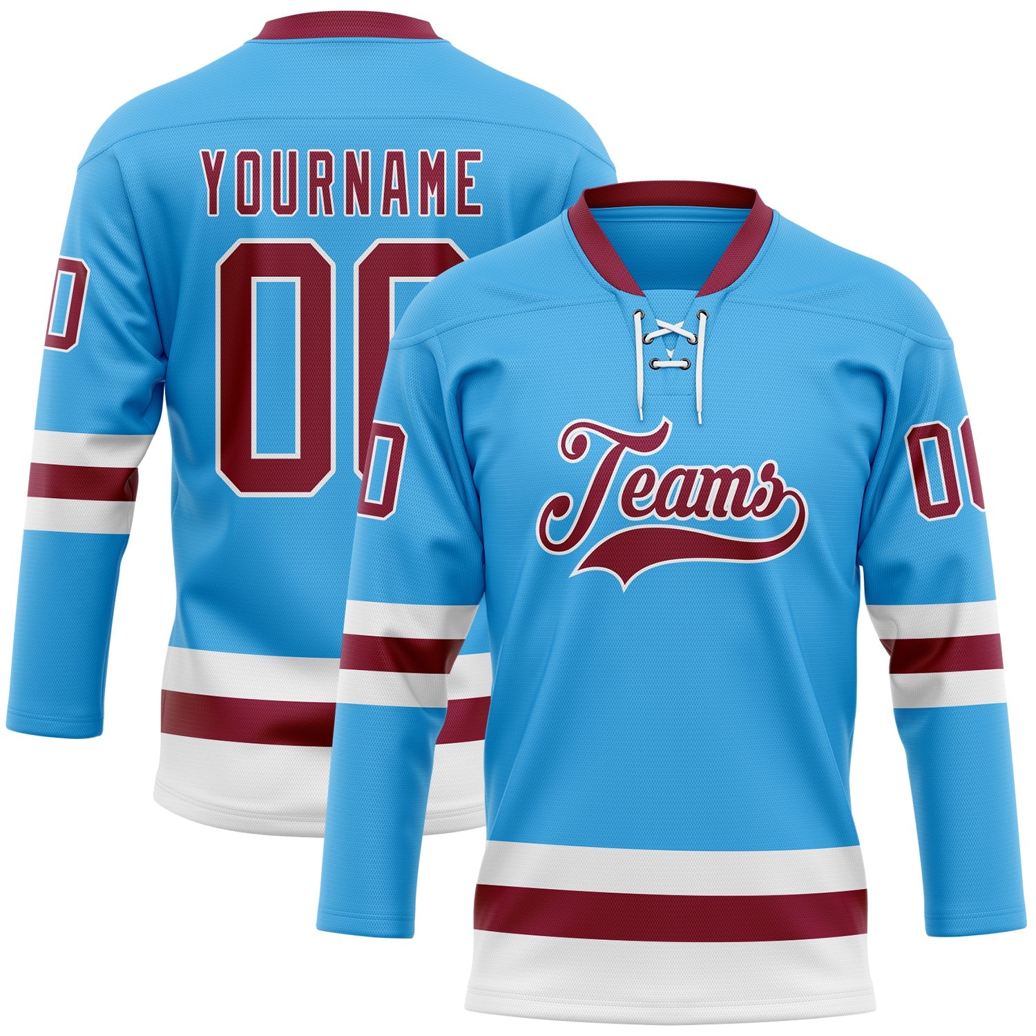 Custom Sky Blue Maroon-White Hockey Lace Neck Jersey - Main View
