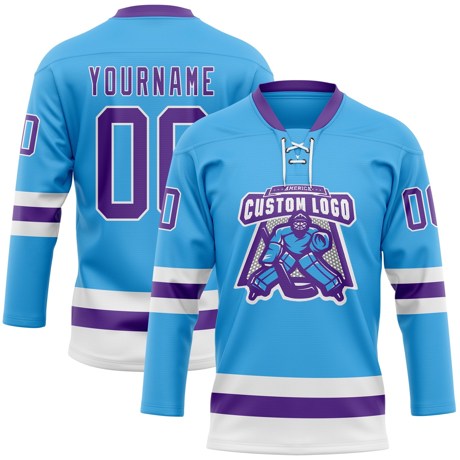 Custom Sky Blue Purple-White Hockey Lace Neck Jersey view 2
