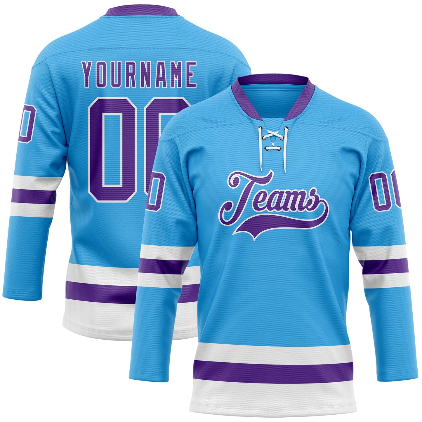 Custom Sky Blue Purple-White Hockey Lace Neck Jersey - Main View