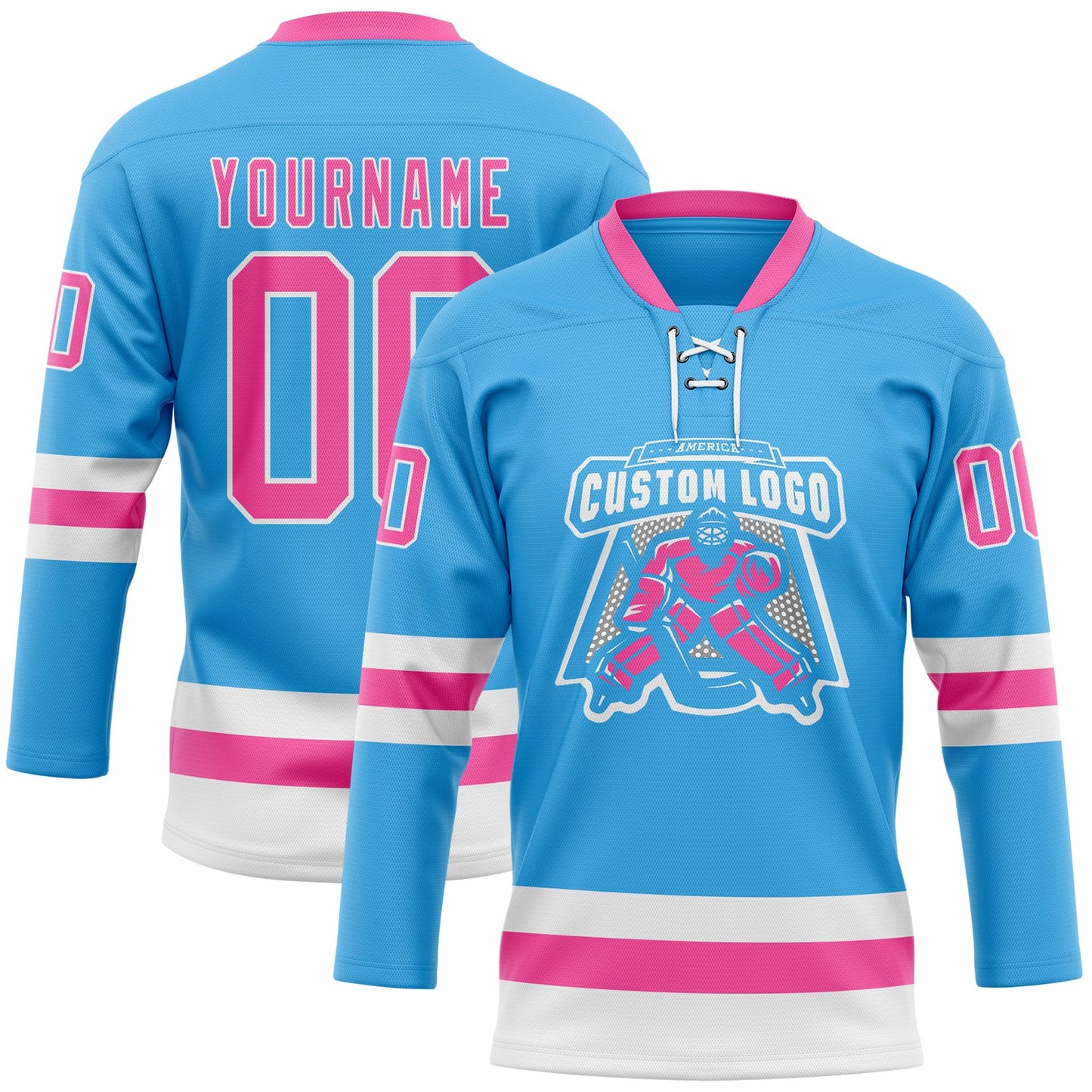 Custom Sky Blue Pink-White Hockey Lace Neck Jersey view 2