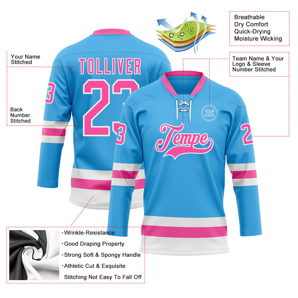 Custom Sky Blue Pink-White Hockey Lace Neck Jersey view 3