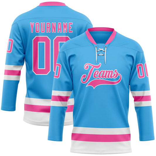 Custom Sky Blue Pink-White Hockey Lace Neck Jersey - Main View