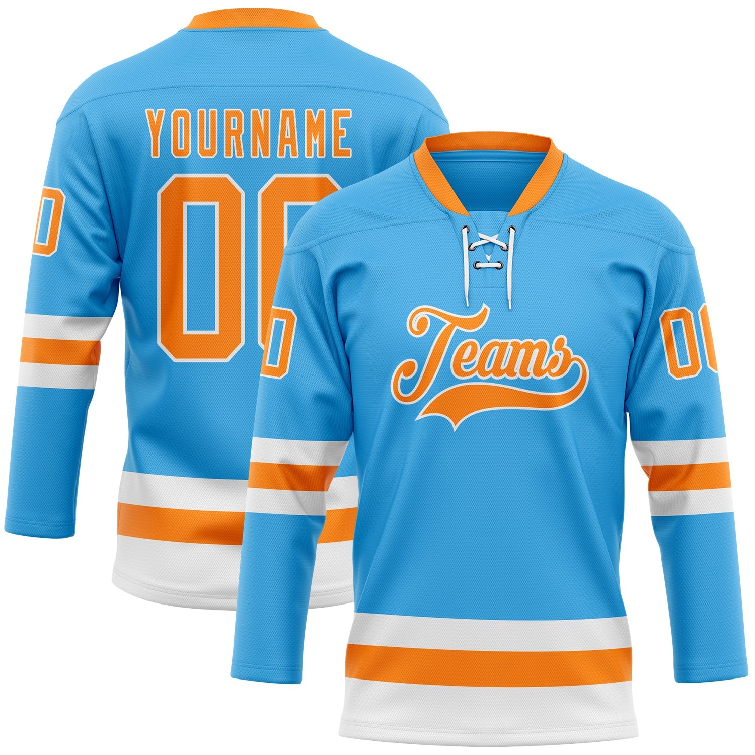 Custom Sky Blue Bay Orange-White Hockey Lace Neck Jersey - Main View