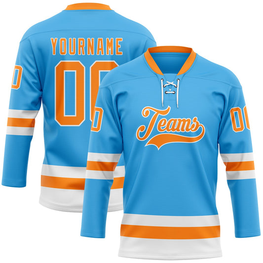 Custom Sky Blue Bay Orange-White Hockey Lace Neck Jersey - Main View