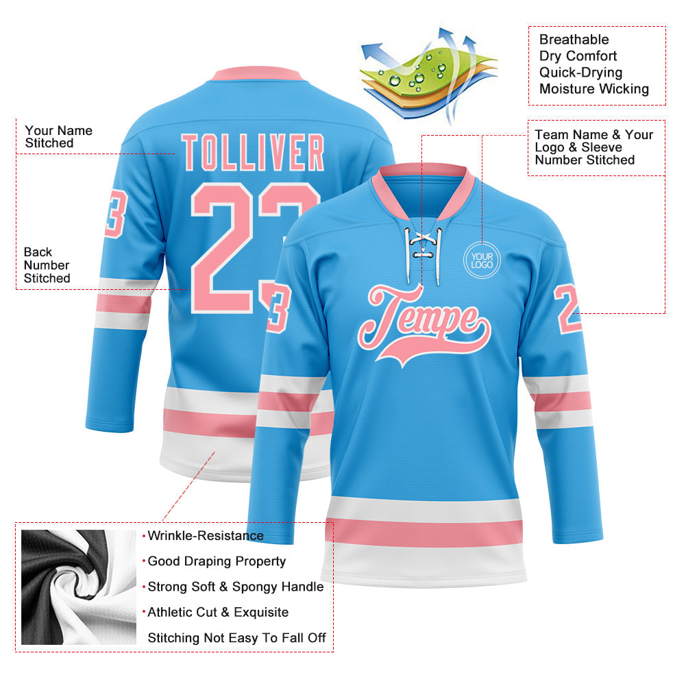Custom Sky Blue Medium Pink-White Hockey Lace Neck Jersey view 3