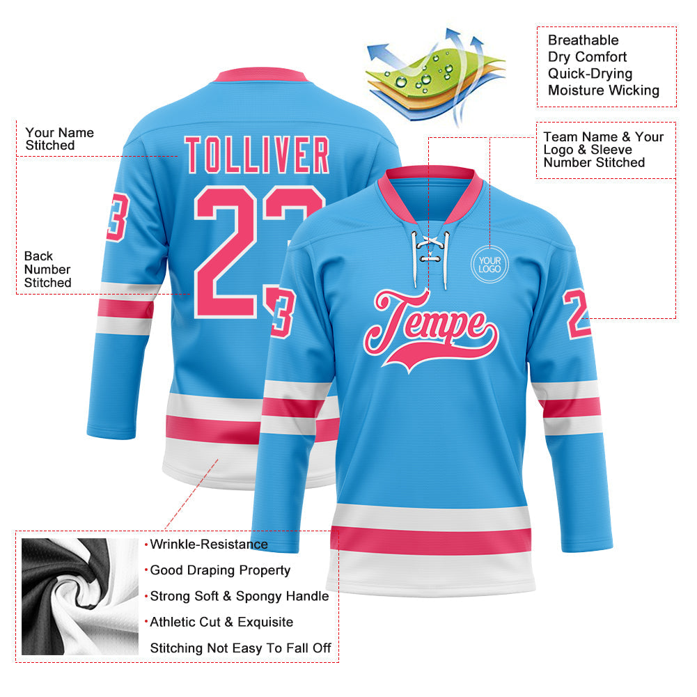 Custom Sky Blue Neon Pink-White Hockey Lace Neck Jersey view 3