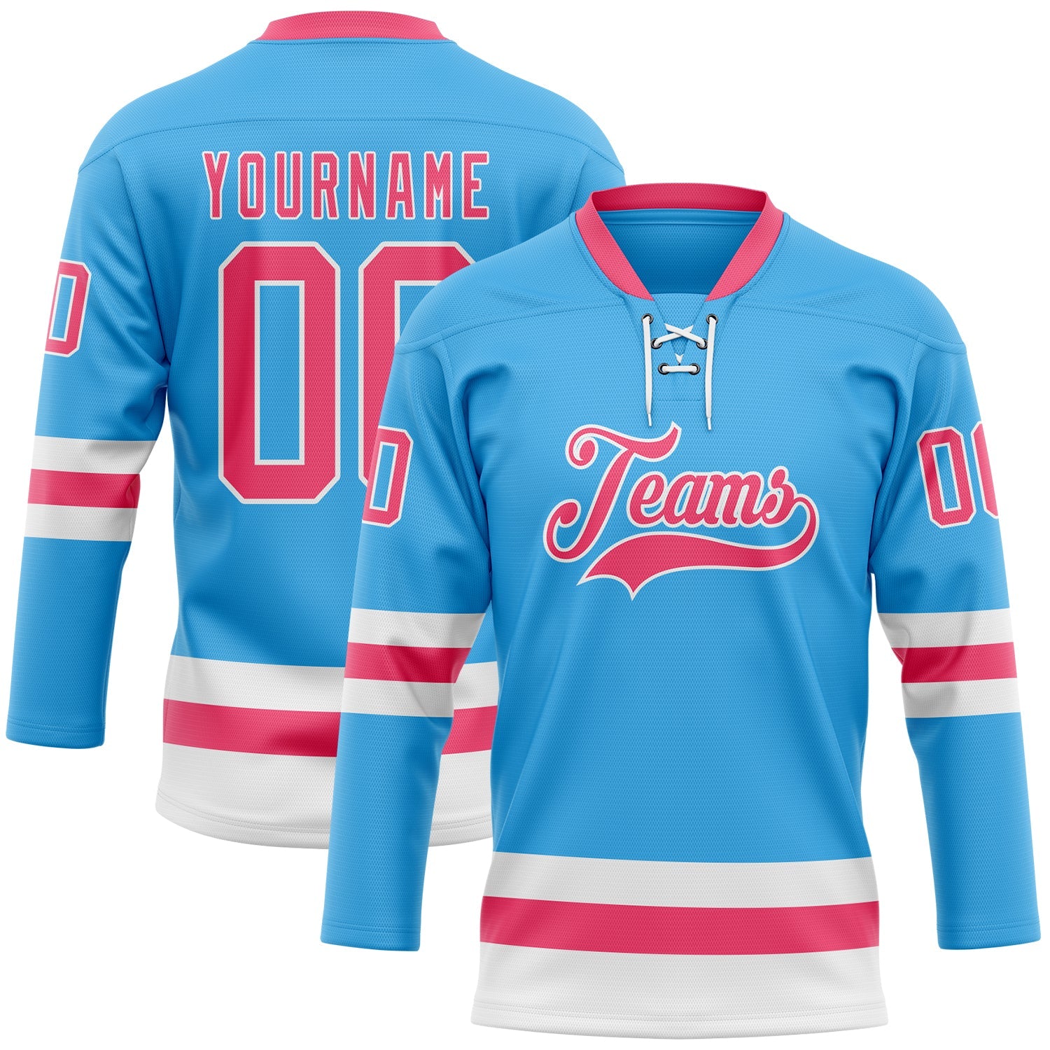 Custom Sky Blue Neon Pink-White Hockey Lace Neck Jersey - Main View