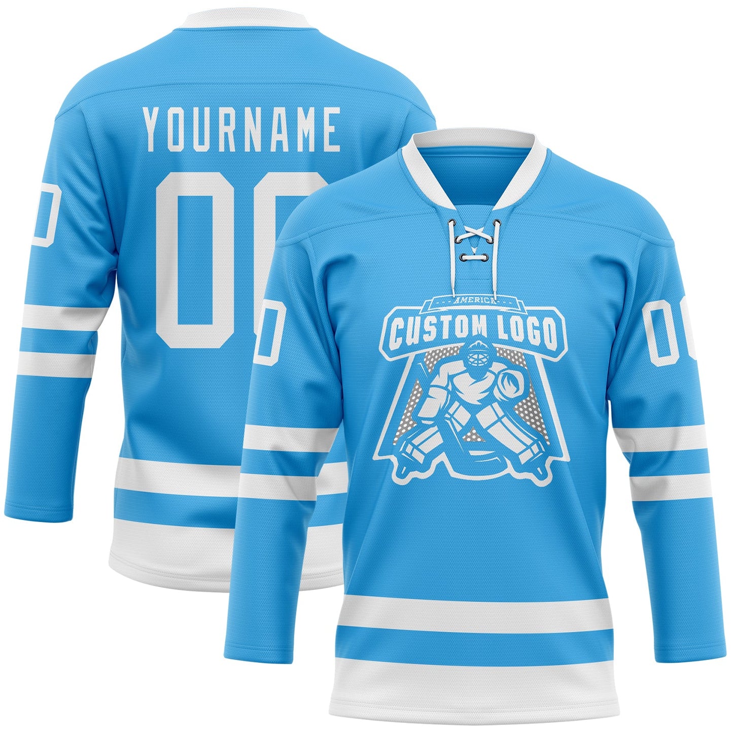 Custom Sky Blue White Hockey Lace Neck Jersey view 2