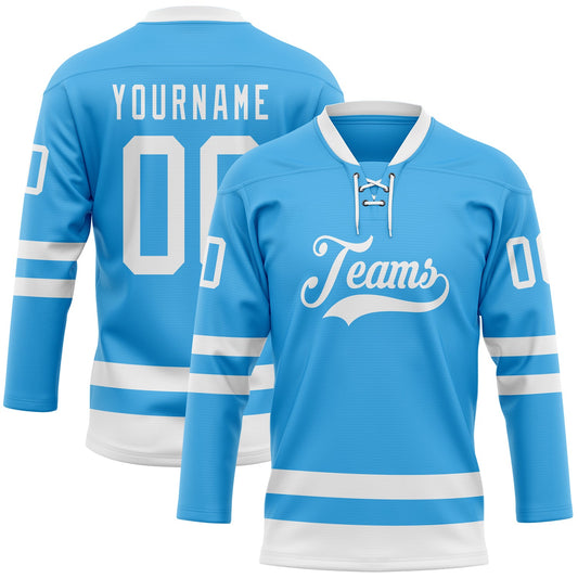 Custom Sky Blue White Hockey Lace Neck Jersey - Main View