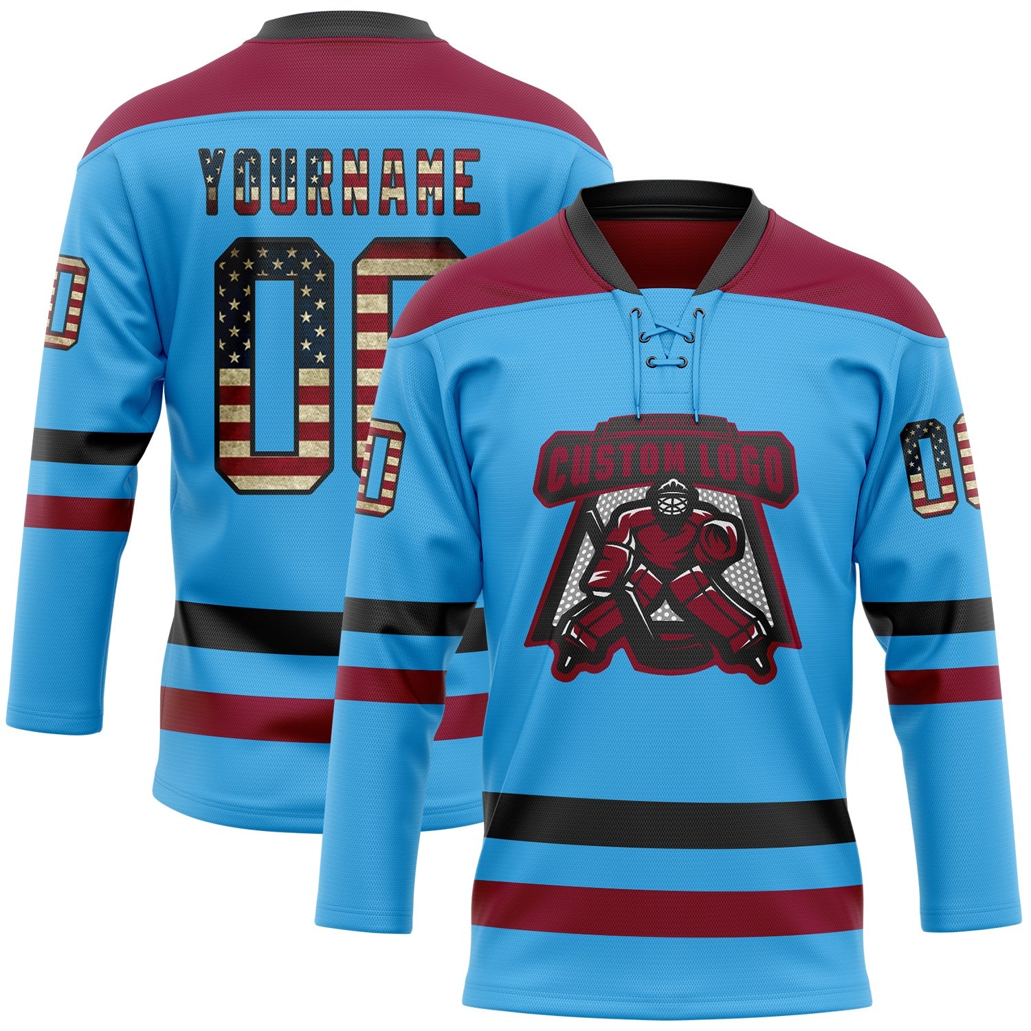 Custom Sky Blue Vintage USA Flag Black-Maroon Hockey Lace Neck Jersey view 2