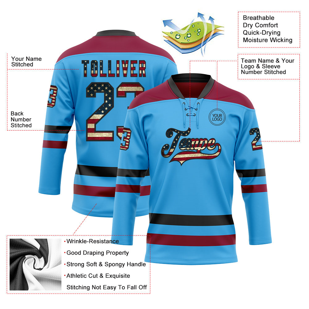 Custom Sky Blue Vintage USA Flag Black-Maroon Hockey Lace Neck Jersey view 3