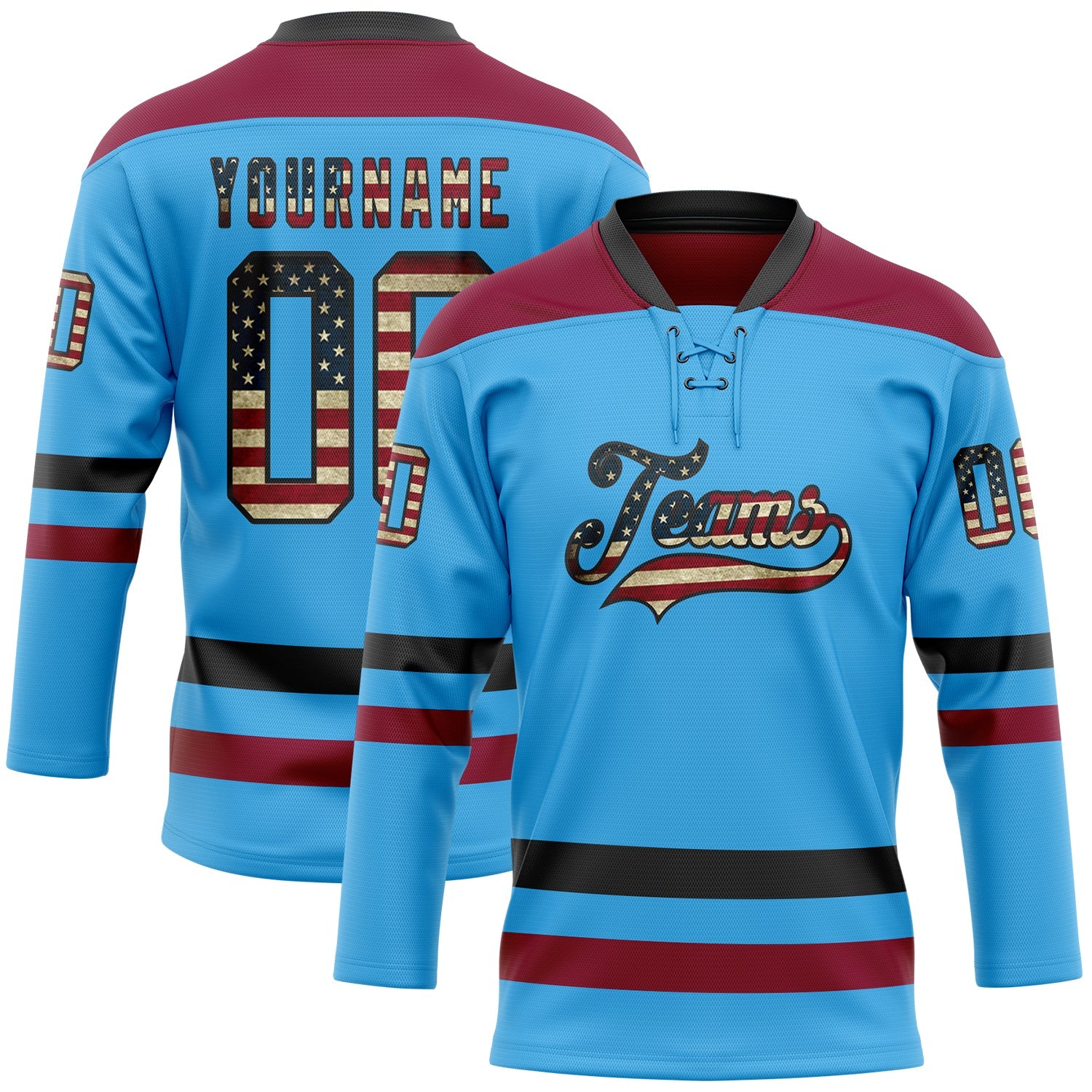 Custom Sky Blue Vintage USA Flag Black-Maroon Hockey Lace Neck Jersey - Main View