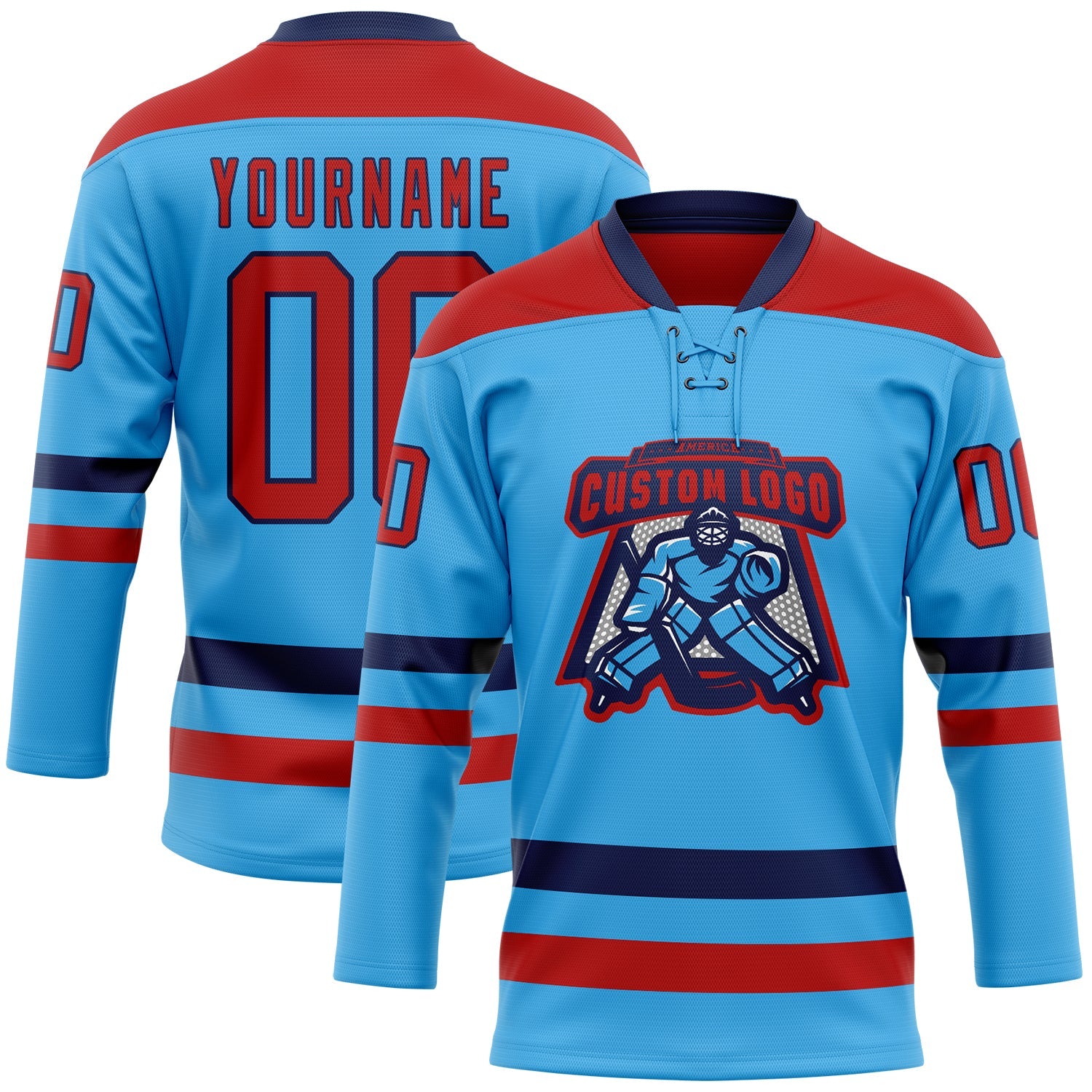 Custom Sky Blue Red-Navy Hockey Lace Neck Jersey view 2