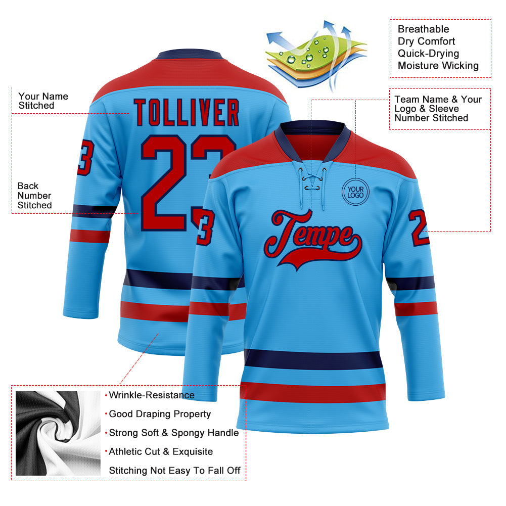 Custom Sky Blue Red-Navy Hockey Lace Neck Jersey view 3