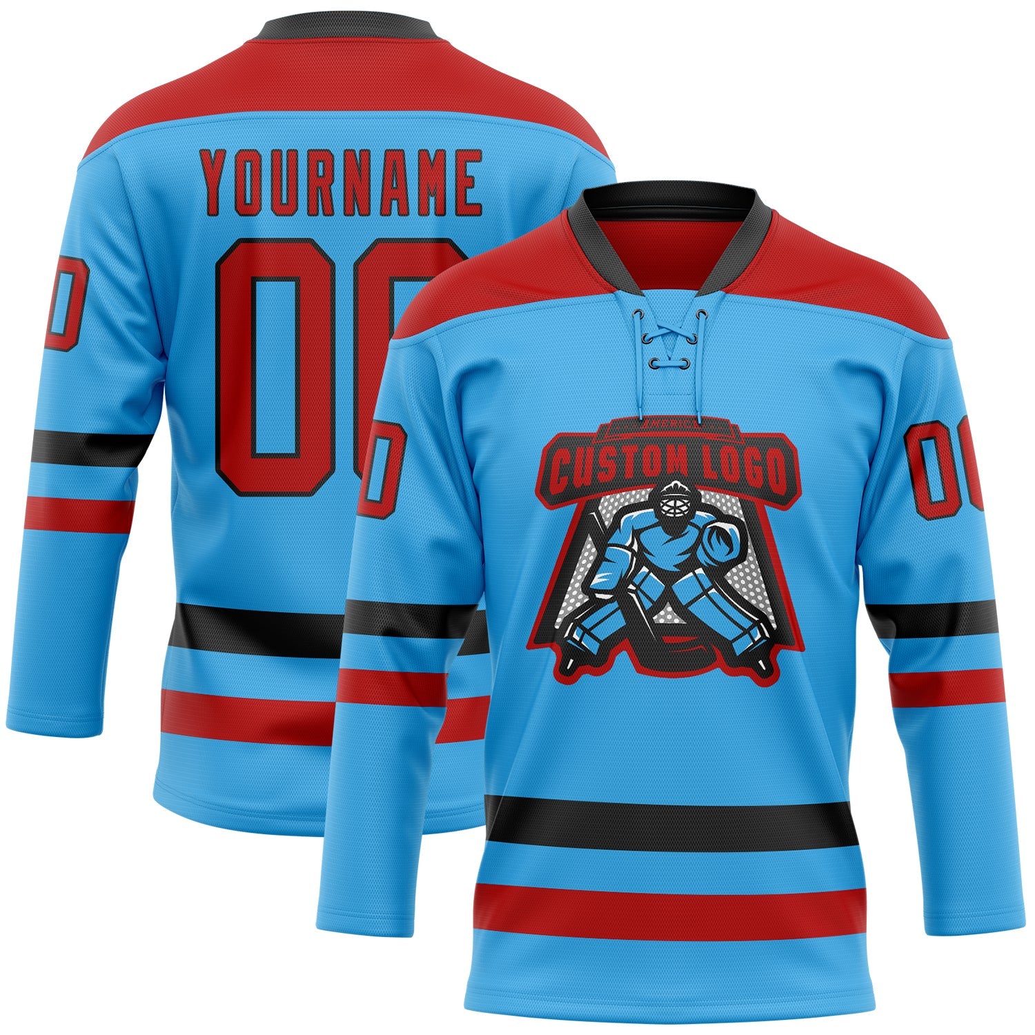 Custom Sky Blue Red-Black Hockey Lace Neck Jersey view 2