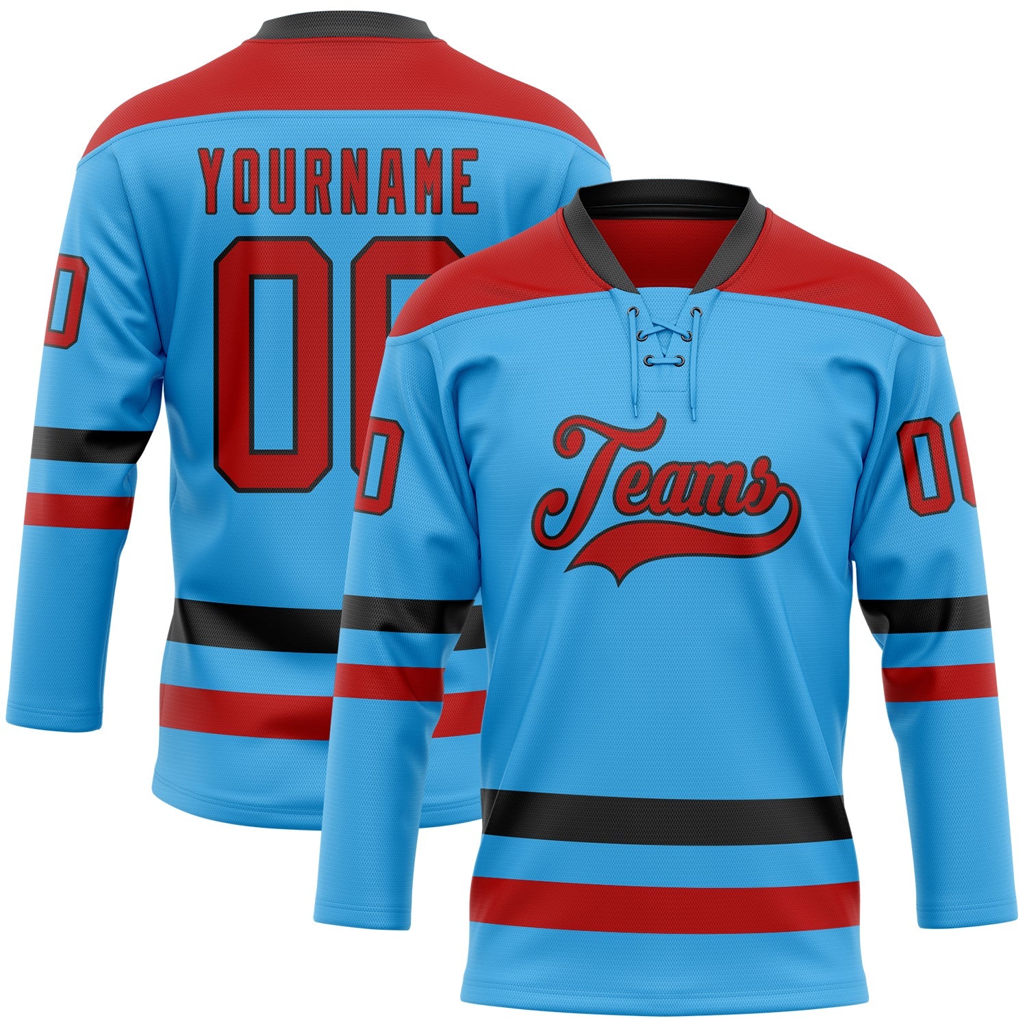 Custom Sky Blue Red-Black Hockey Lace Neck Jersey - Main View