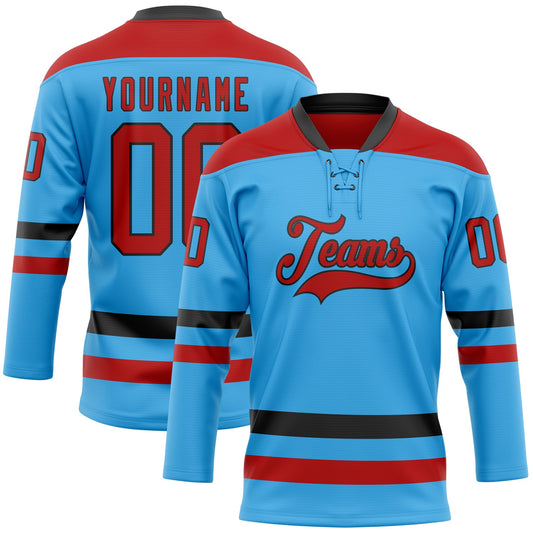 Custom Sky Blue Red-Black Hockey Lace Neck Jersey - Main View