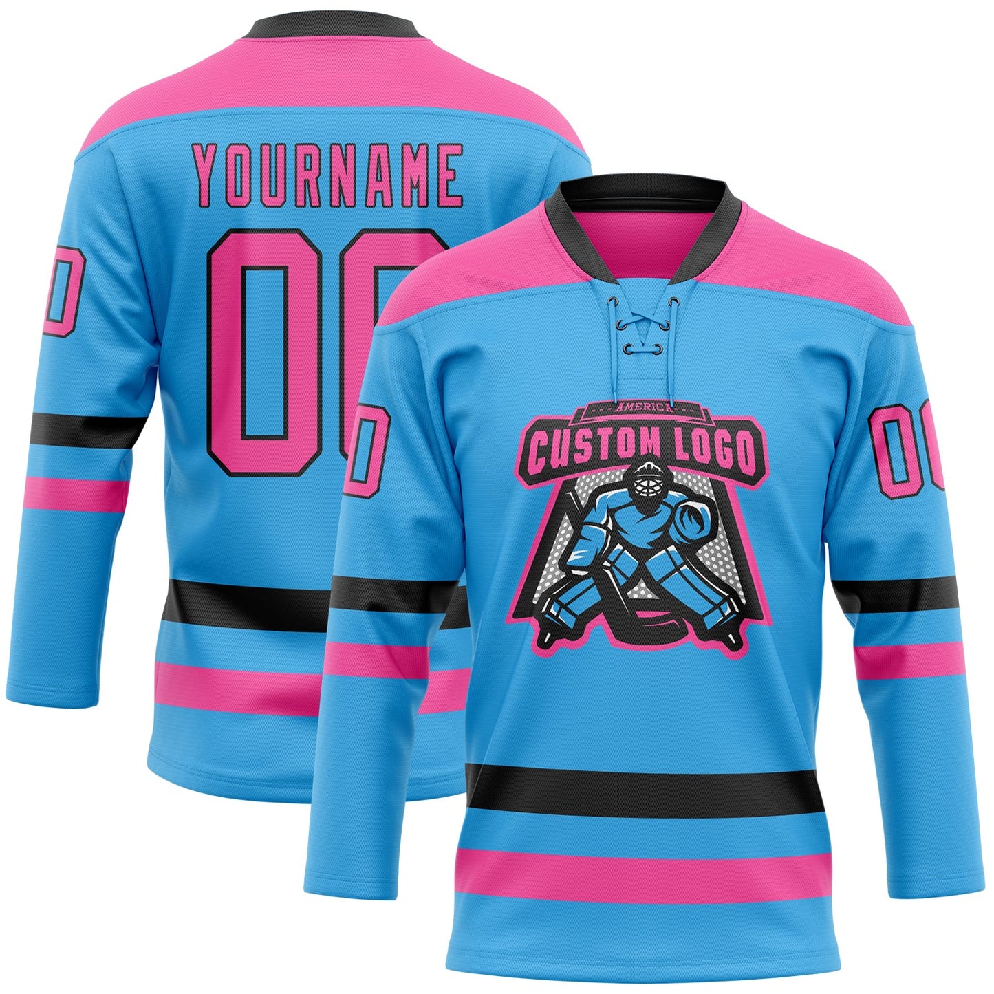 Custom Sky Blue Pink-Black Hockey Lace Neck Jersey view 2