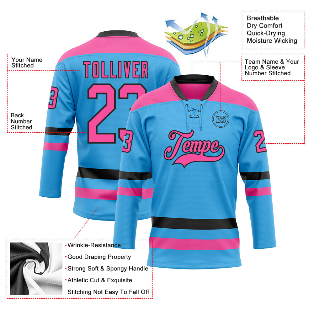 Custom Sky Blue Pink-Black Hockey Lace Neck Jersey view 3
