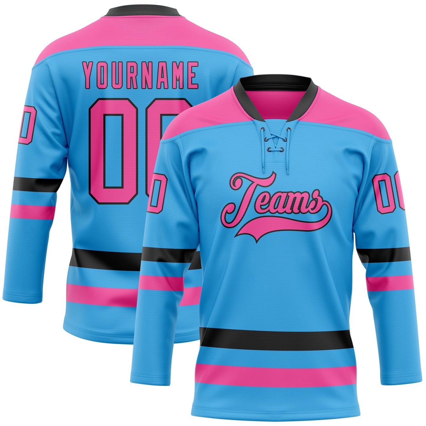 Custom Sky Blue Pink-Black Hockey Lace Neck Jersey - Main View