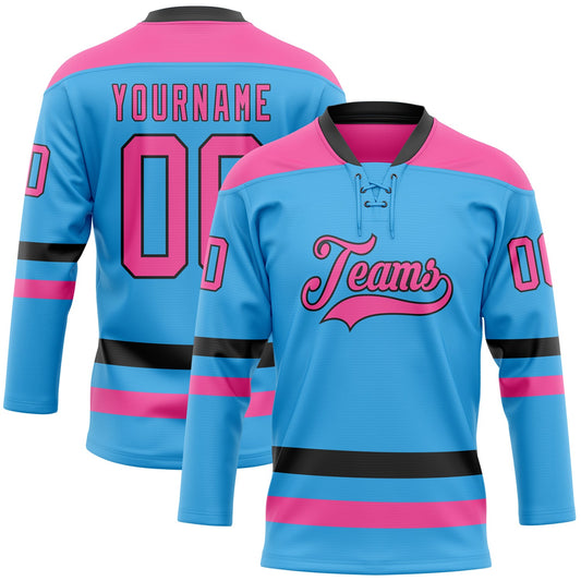 Custom Sky Blue Pink-Black Hockey Lace Neck Jersey - Main View