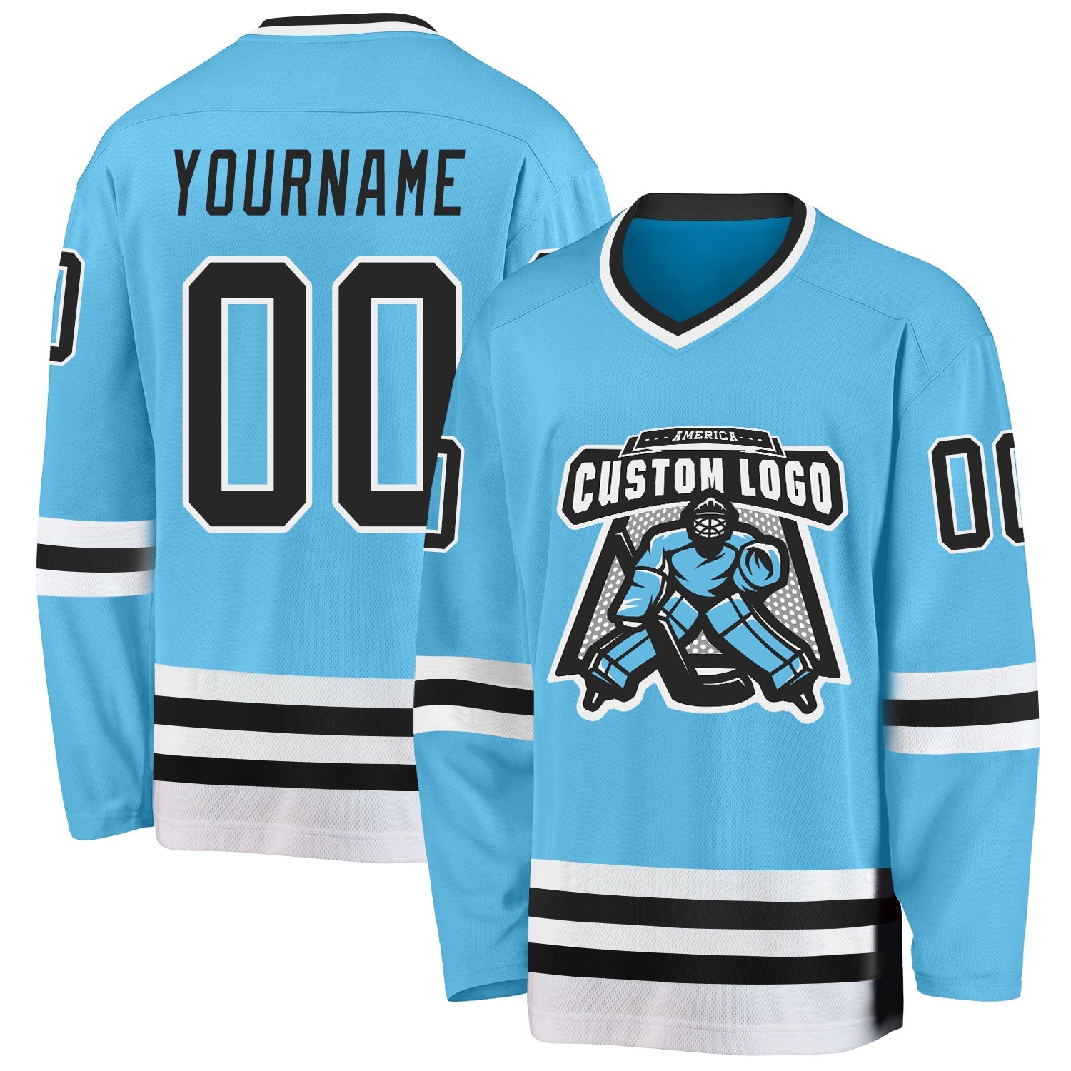 Custom Sky Blue Black-White Hockey Jersey view 2