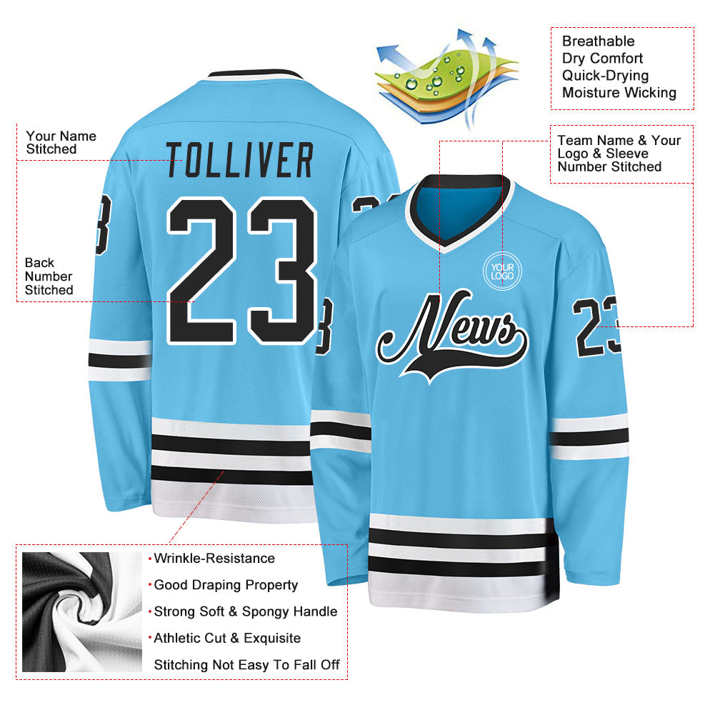 Custom Sky Blue Black-White Hockey Jersey view 3