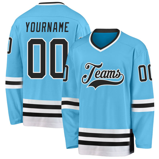 Custom Sky Blue Black-White Hockey Jersey - Main View
