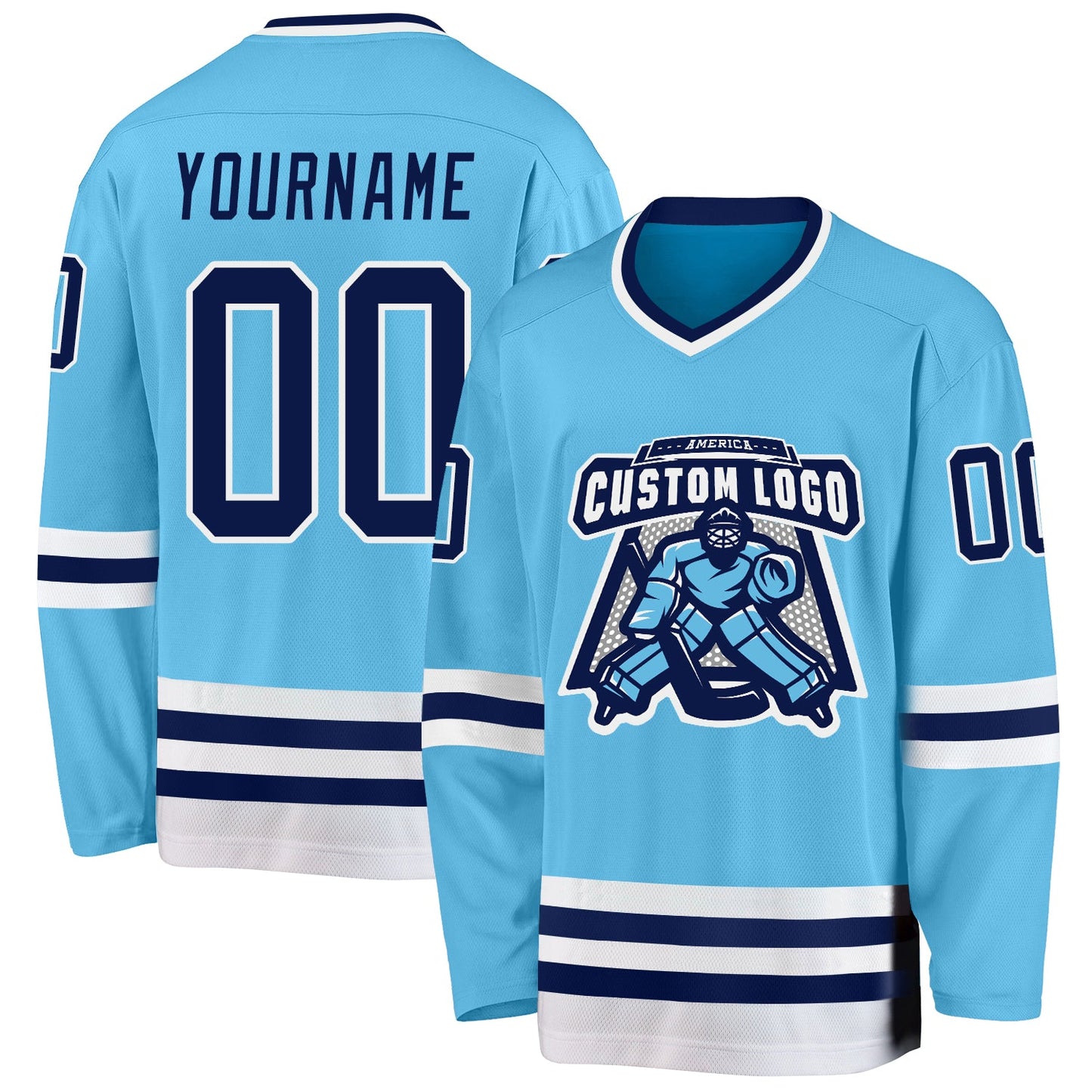 Custom Sky Blue Navy-White Hockey Jersey view 2