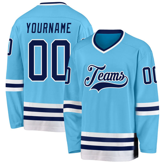 Custom Sky Blue Navy-White Hockey Jersey - Main View