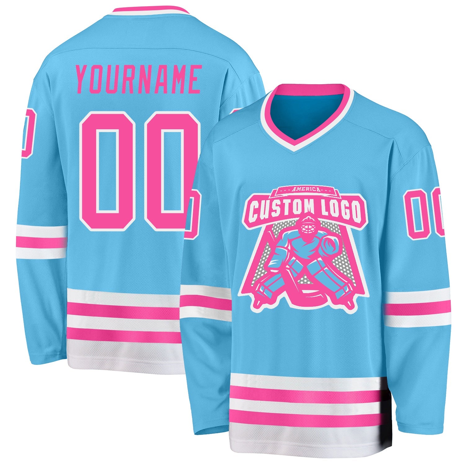 Custom Sky Blue Pink-White Hockey Jersey view 2