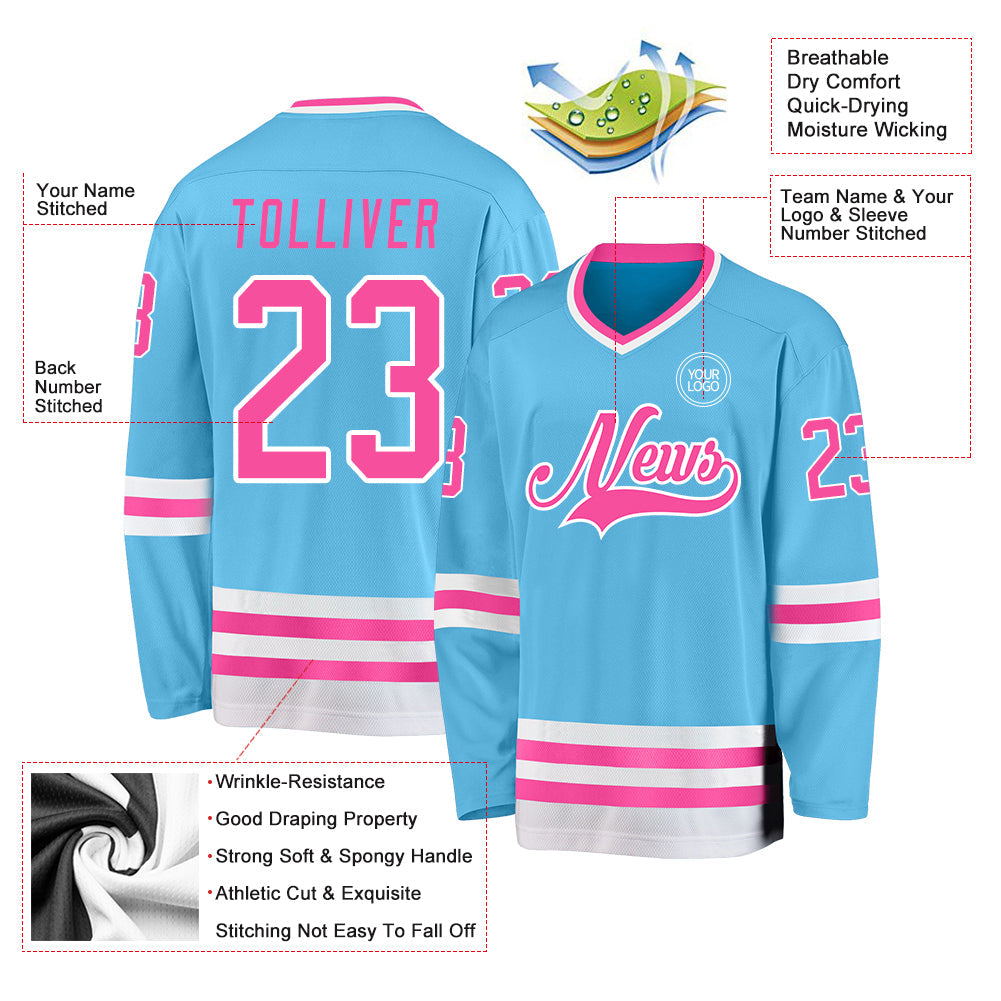 Custom Sky Blue Pink-White Hockey Jersey view 3