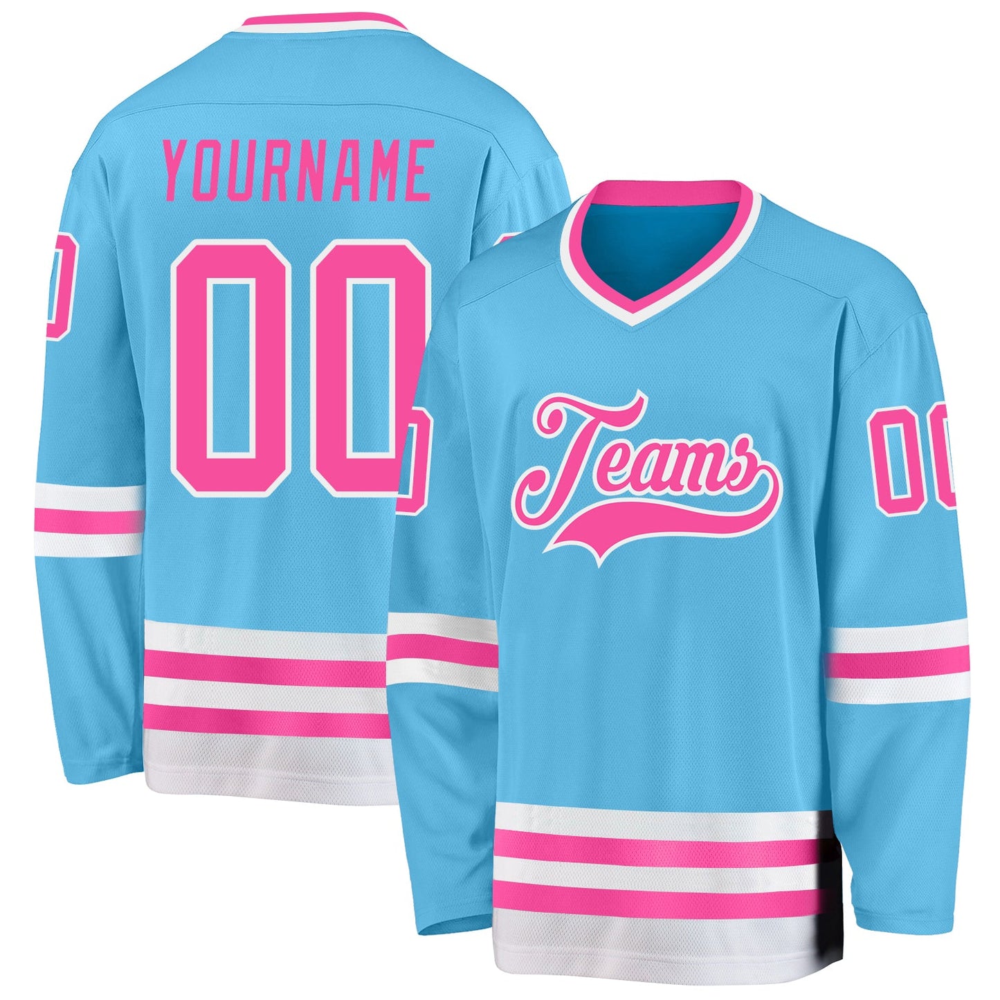 Custom Sky Blue Pink-White Hockey Jersey - Main View