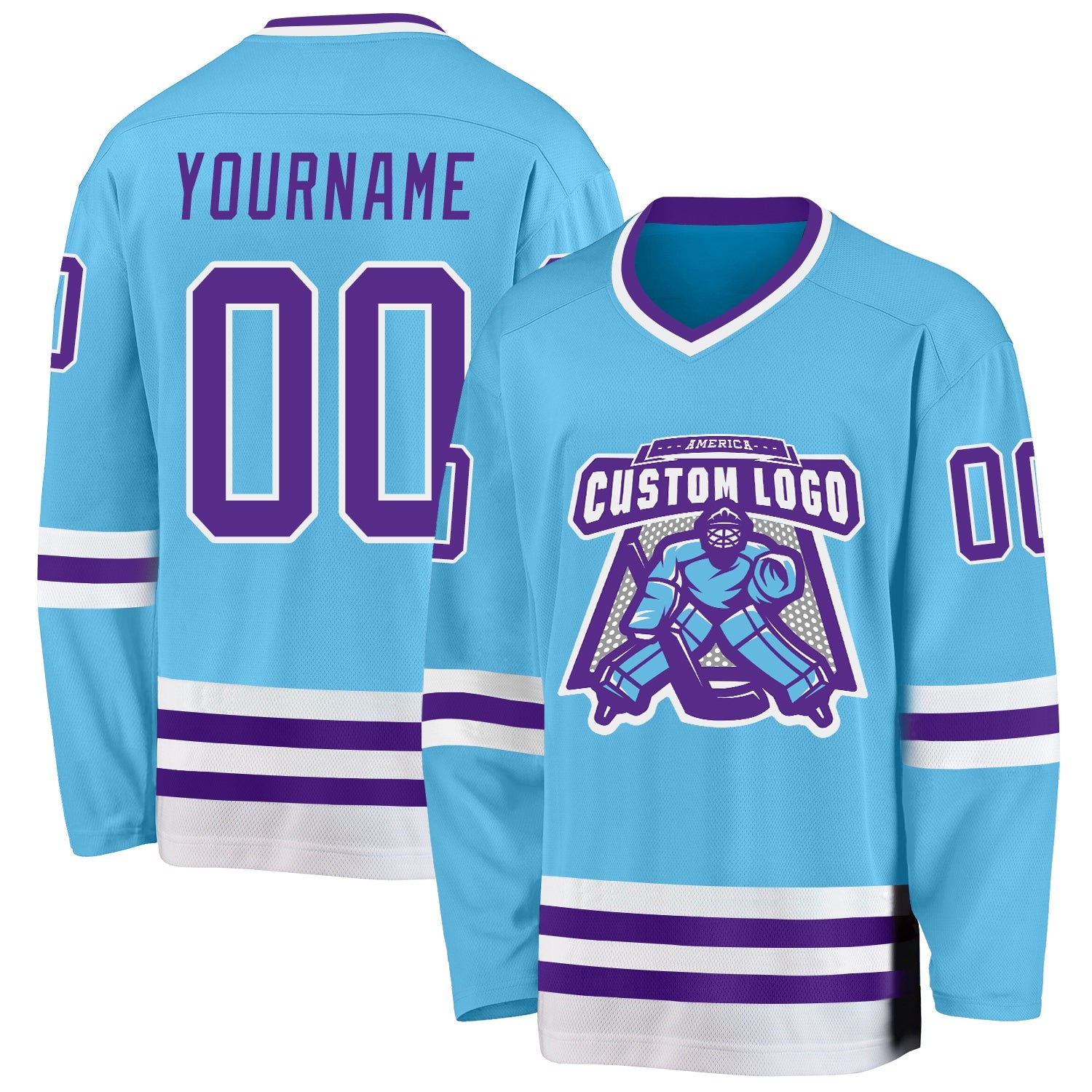 Custom Sky Blue Purple-White Hockey Jersey view 2