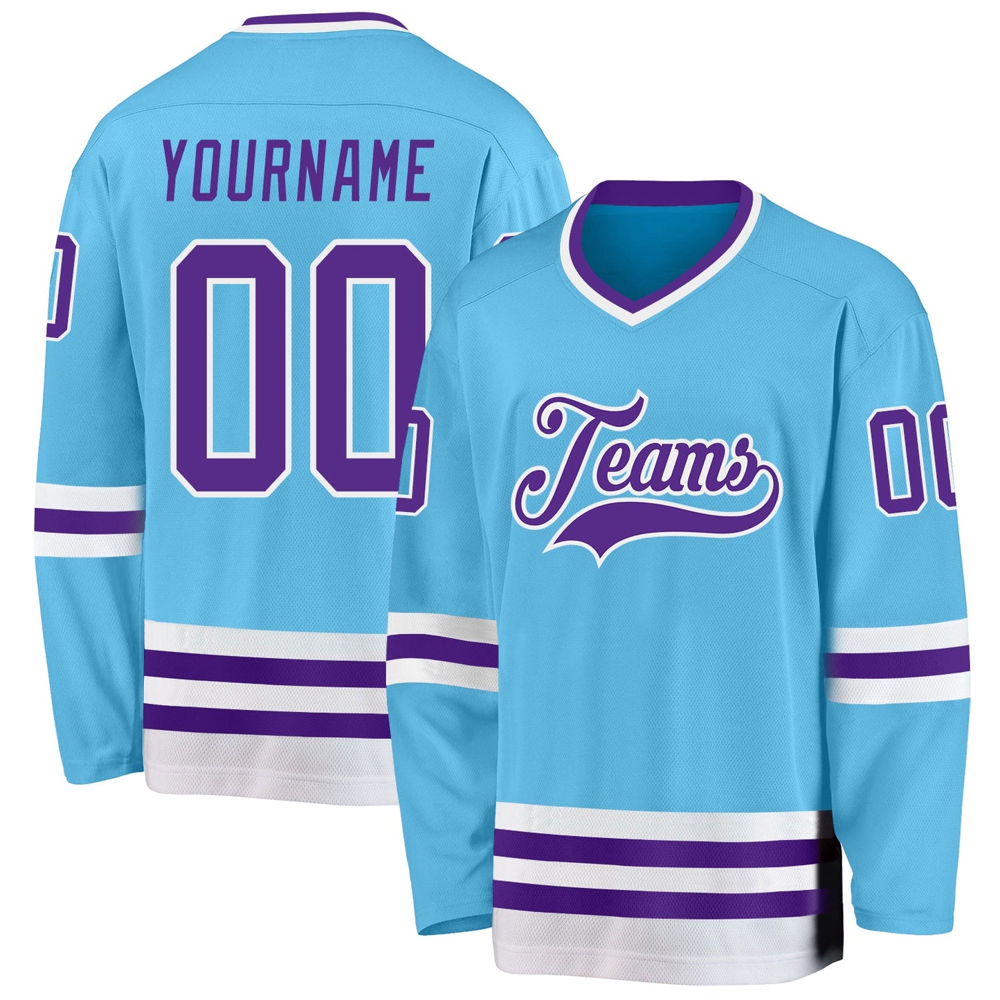 Custom Sky Blue Purple-White Hockey Jersey - Main View